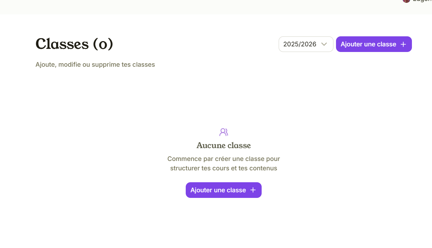 Onglet « Aucune classe » : liste vide avec le bouton « Ajouter une classe »