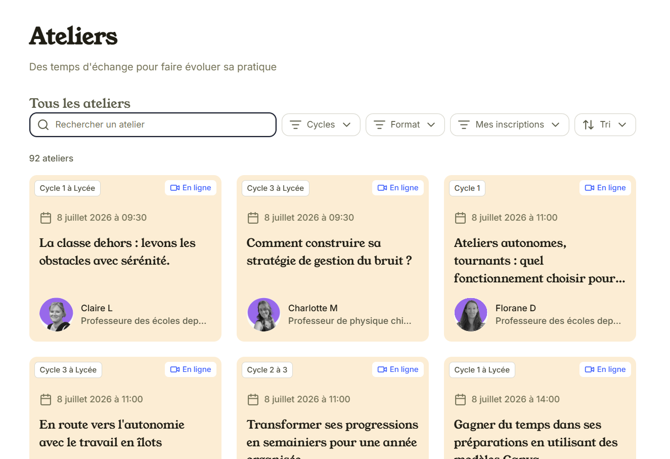 Onglet « Ateliers » : liste d'ateliers gratuits avec filtres par cycle, format et inscriptions