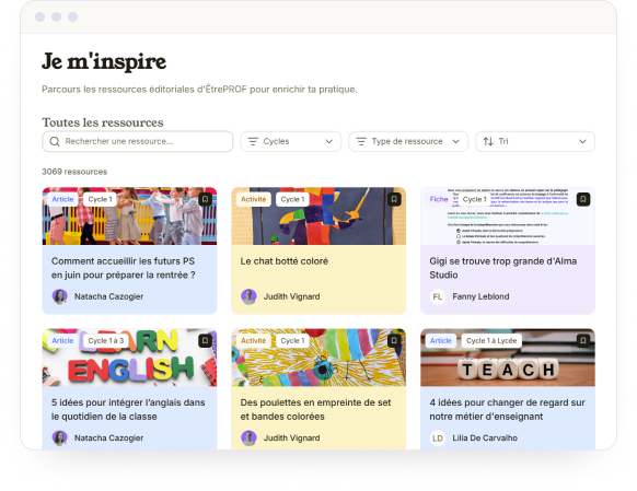 Aperçu de l'onglet « Je m’inspire » : bibliothèque de ressources filtrable par cycle, type de ressource et mot-clé