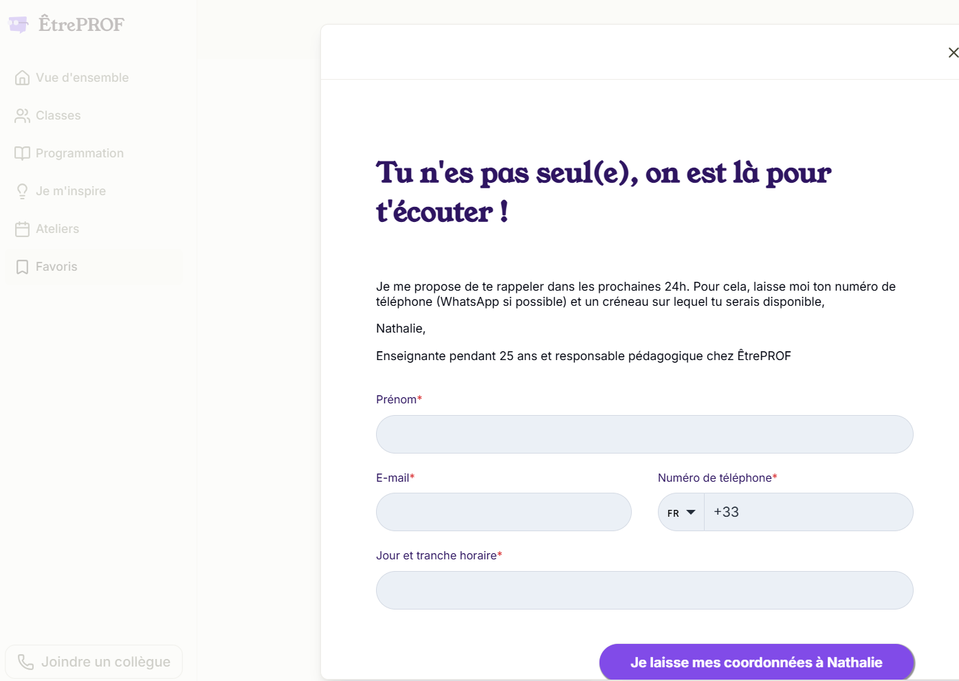 Onglet « Joindre un collègue » : formulaire de mise en relation avec la ligne d'écoute